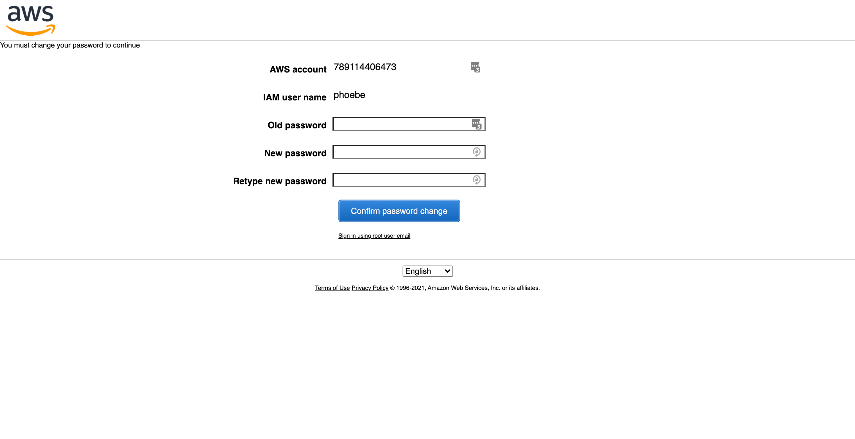 AWS Sign In - Change Password