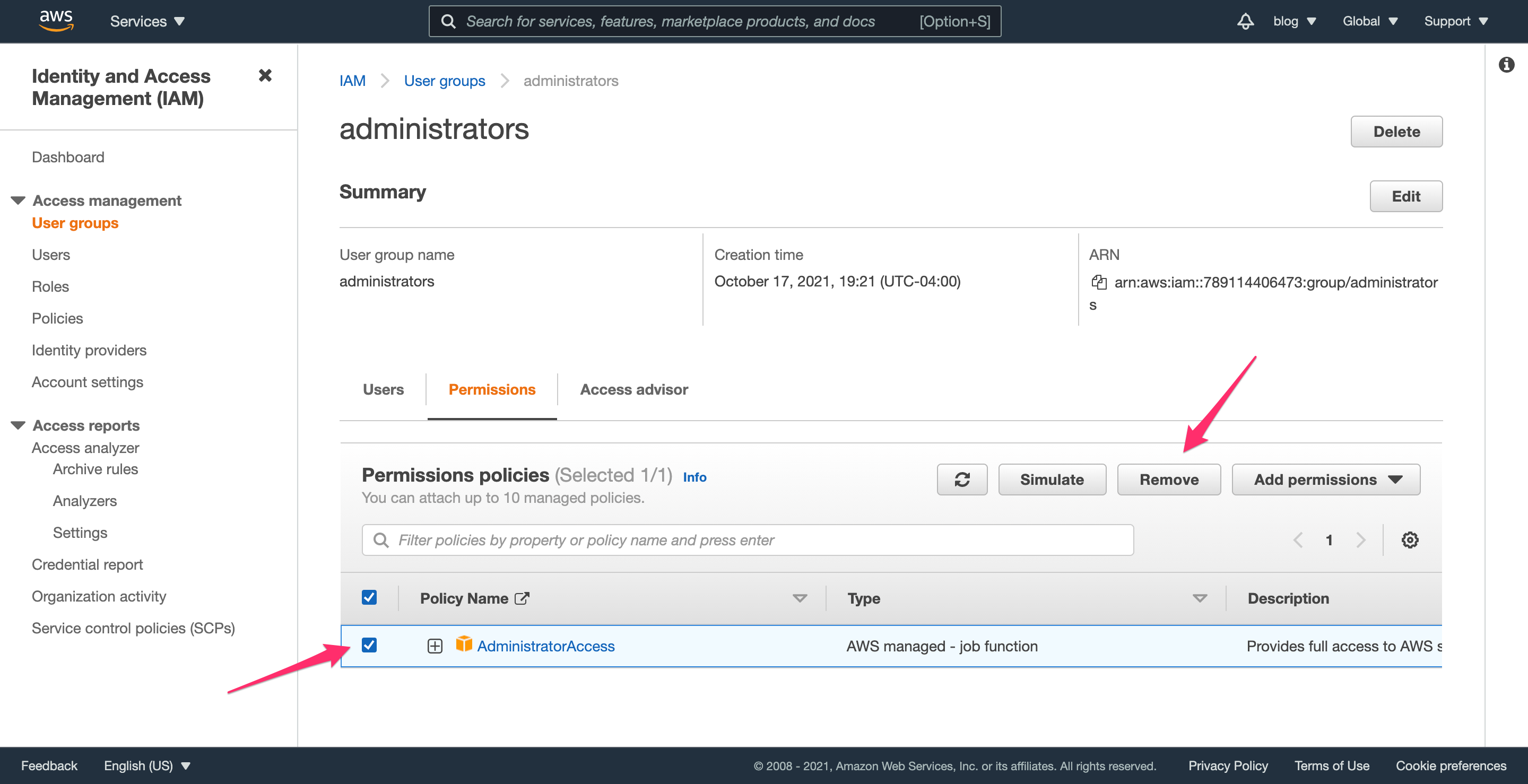 AWS IAM Remove Permission from Group
