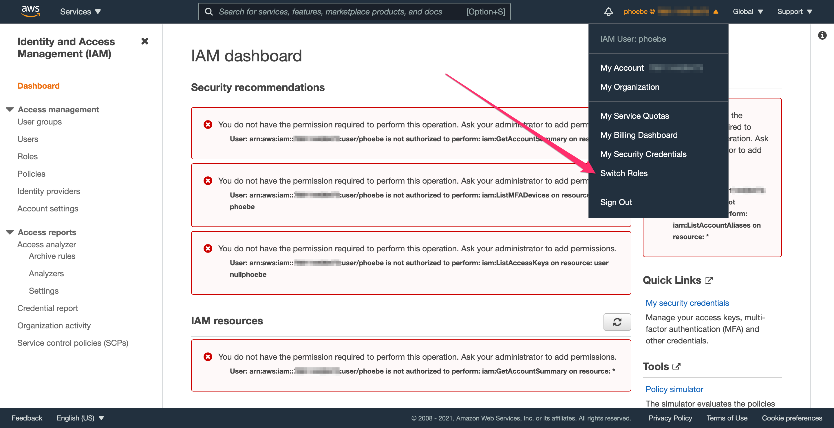 AWS IAM User Dropdown