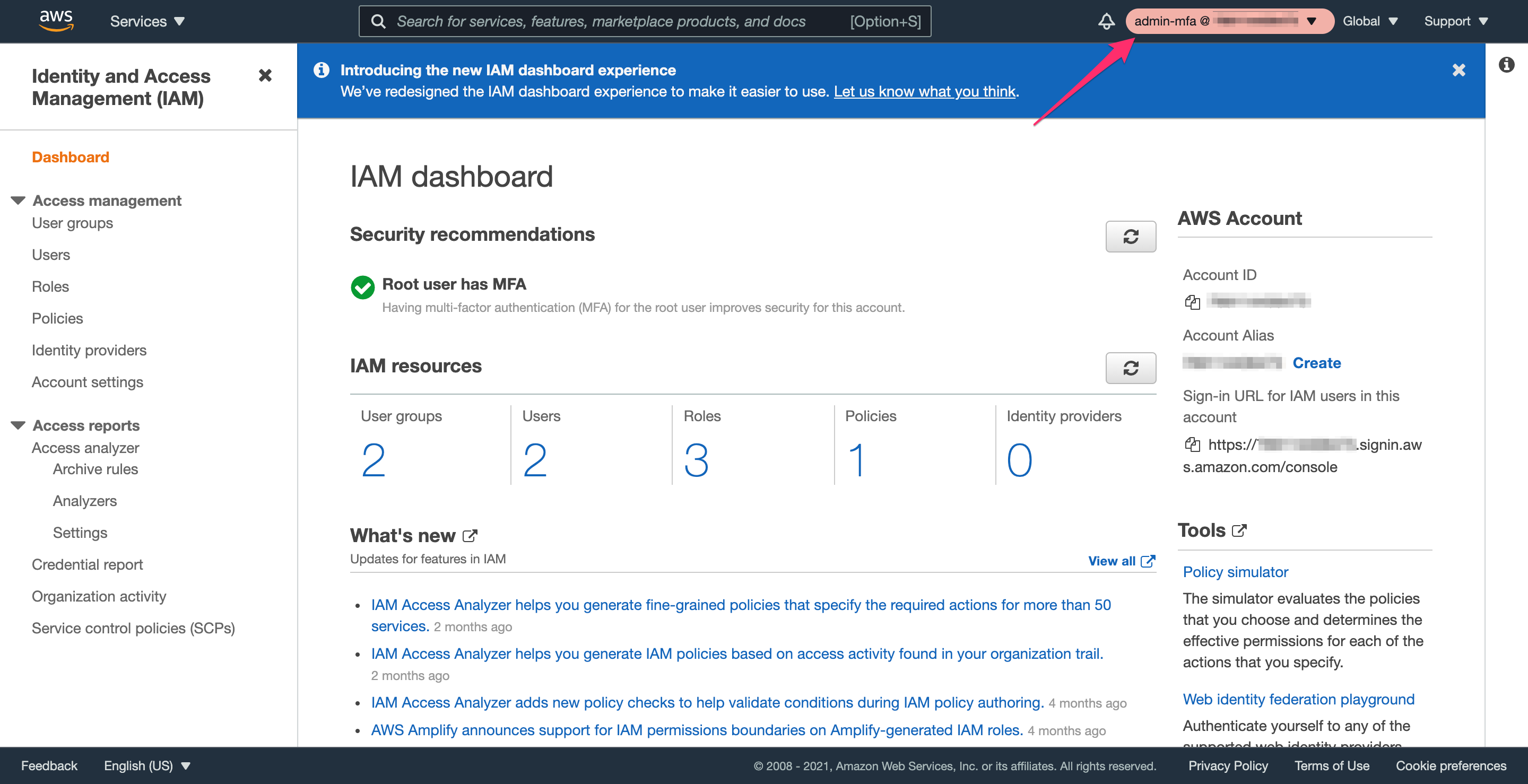 AWS IAM User Dropdown