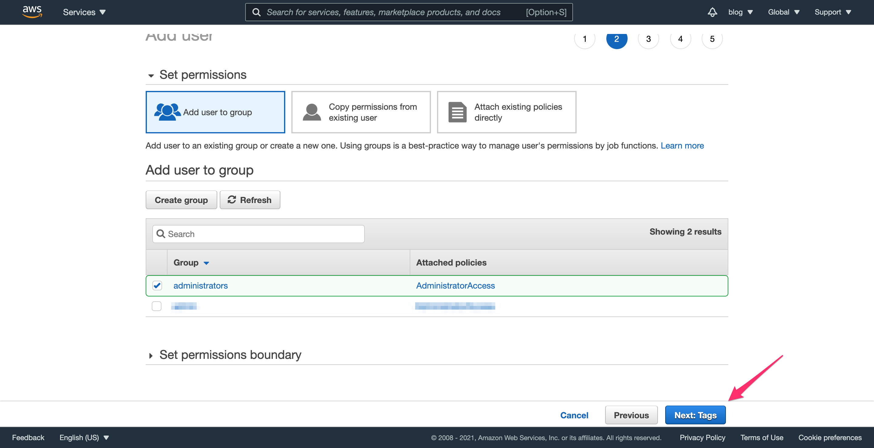 AWS IAM Admin Select User Group