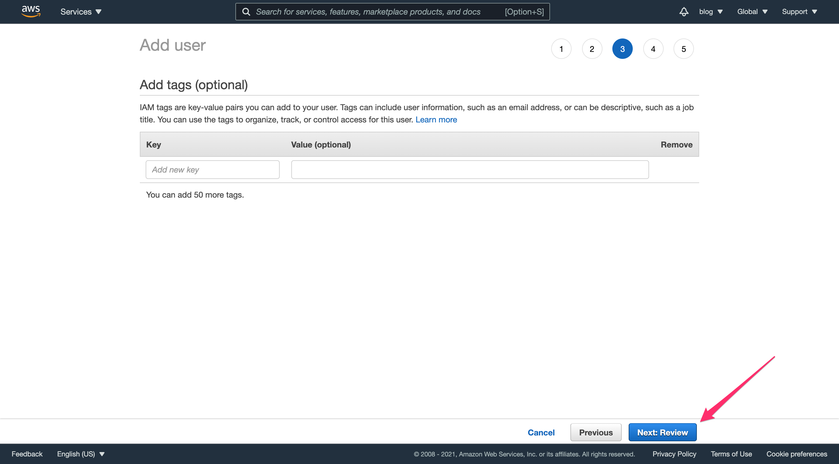 AWS IAM Admin User Review Step